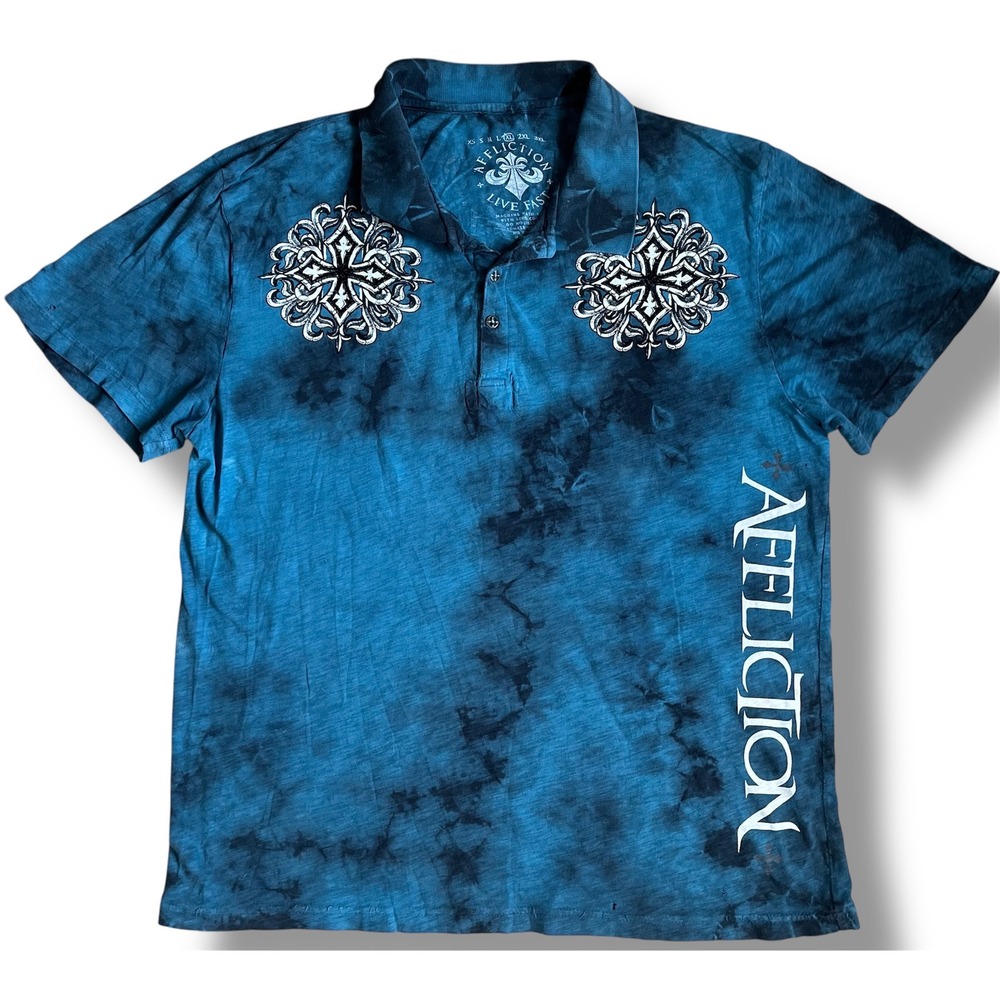 Affliction‎ Mens XL Blue Tie Dye Polo Shirt Gothic Cross Live Fast Graphic USA